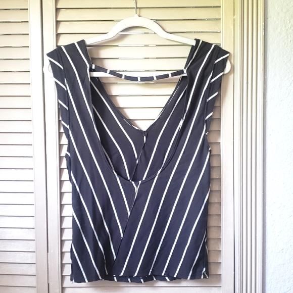 🌱 Free People Low Back Navy and White Striped Cap Sleeve Top - Picture 3 of 10